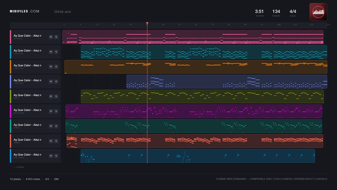 Ay Que Calor — Alazán: multitrack MIDI piano roll